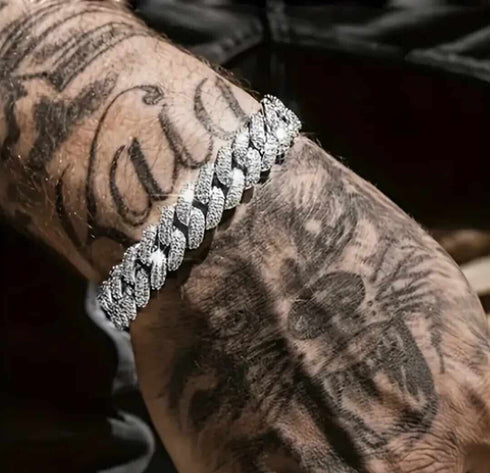 2 Pcs Iced Out Silver & Gold 18K Gold Plated Bling CZ Cuban Miami Link Bracelet